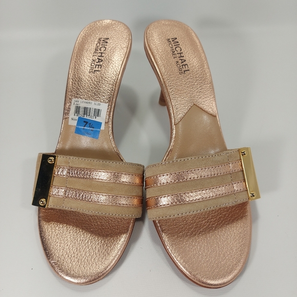 NWT Michael Kors Leandro Rose Gold and Tan Leather High Heel Shoes, 7.5 - Picture 2 of 12